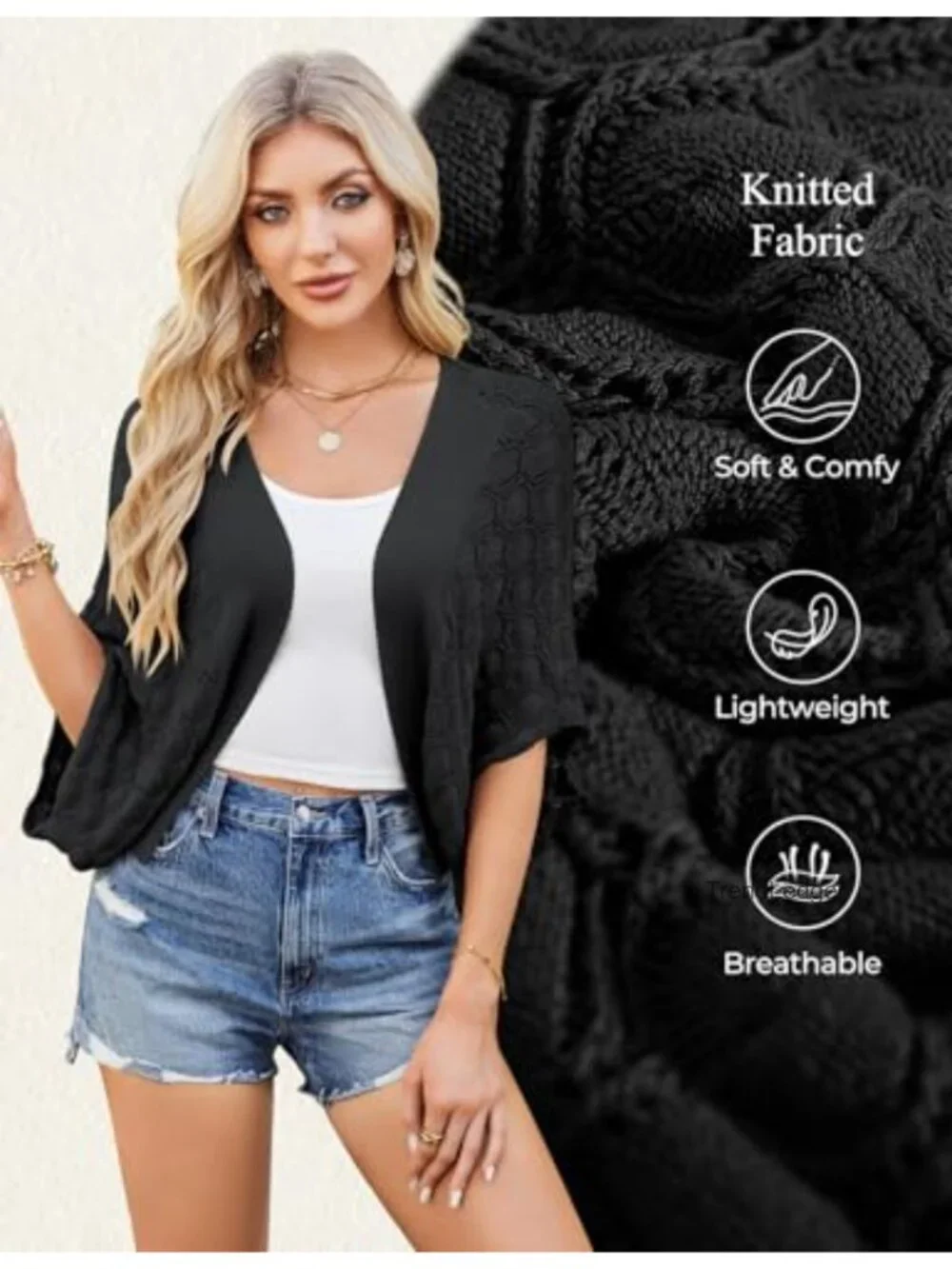 Women's Crochet Batwing Sleeve Cropped Cardigan Shrug Bolero Lightweight Boho